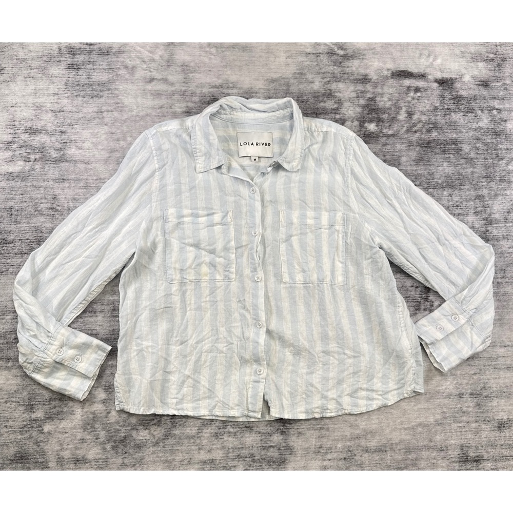Lola River Linen Blend Striped Button Down Shirt Light Blue White Womens Medium